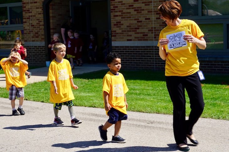 <p>J.B. Nelson Principal Nicole Prentiss with incoming JBN students from the Early Childhood Center.</p>
