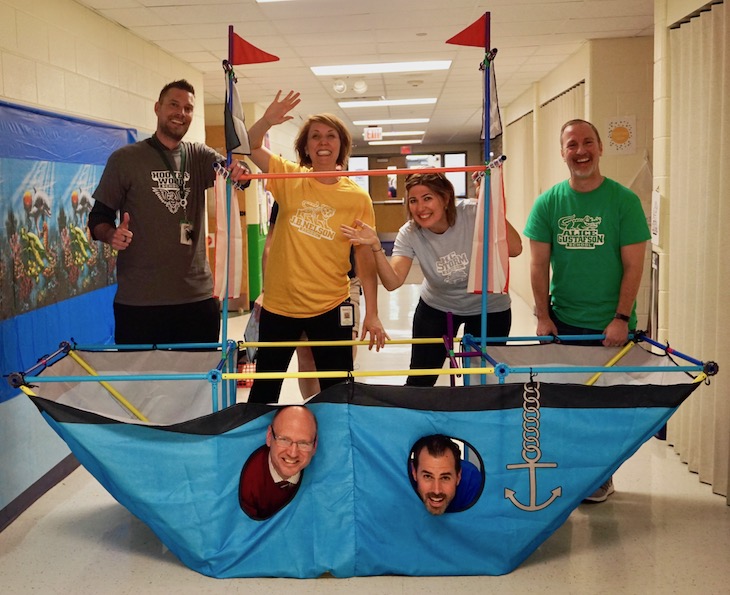 BPS101 elementary school principals having a blast in the pirate ship at the EC Celebration of Learning event prior to the Kinder Walk Parade. Check out who is in the portholes!